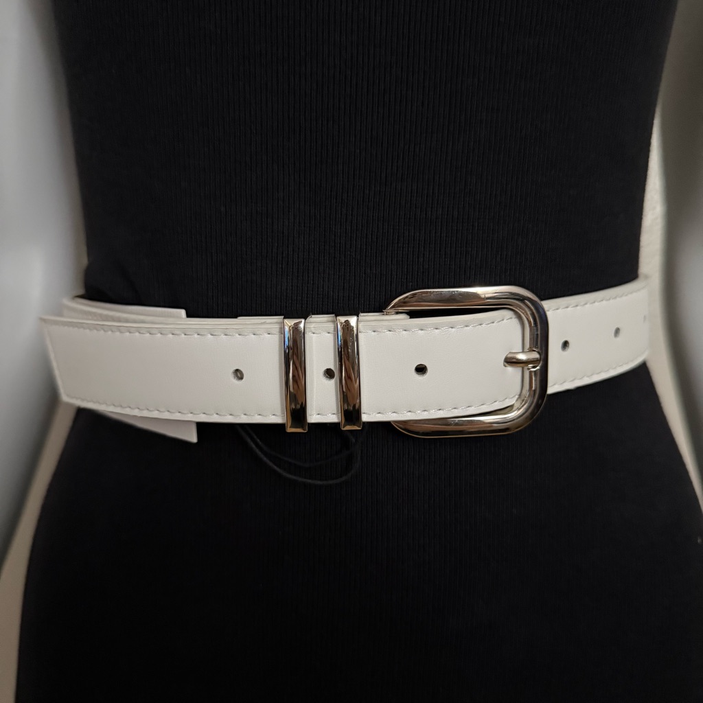 White Pu Leather Silver Tone Square Buckle Minimalist Style Belt
